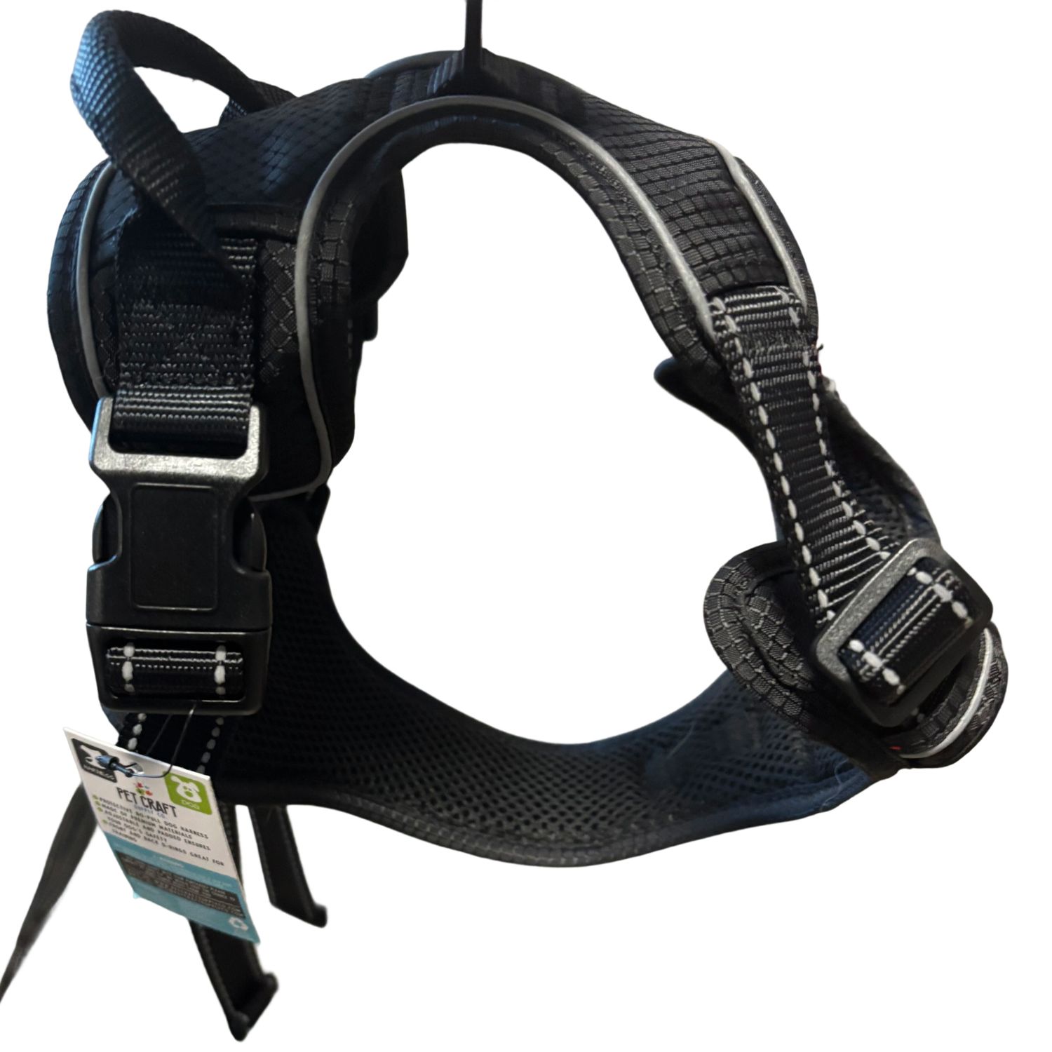PET CRAFT | Protective No Pull Dog Harness / BLACK / Reflective / Adjustable / Padded / Front &amp; Back D-Rings / Made of Premium Materials / LARGE