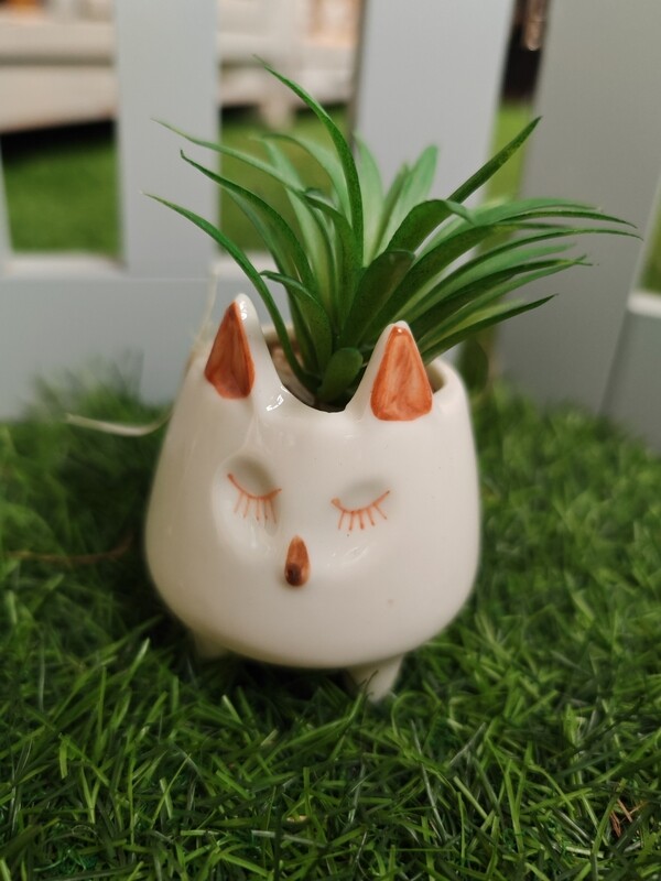 Gatito  de ceramica con suculenta artificial