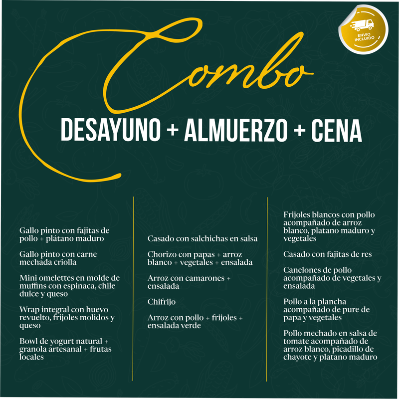 Combo desayuno + almuerzo + cena con envio incluido