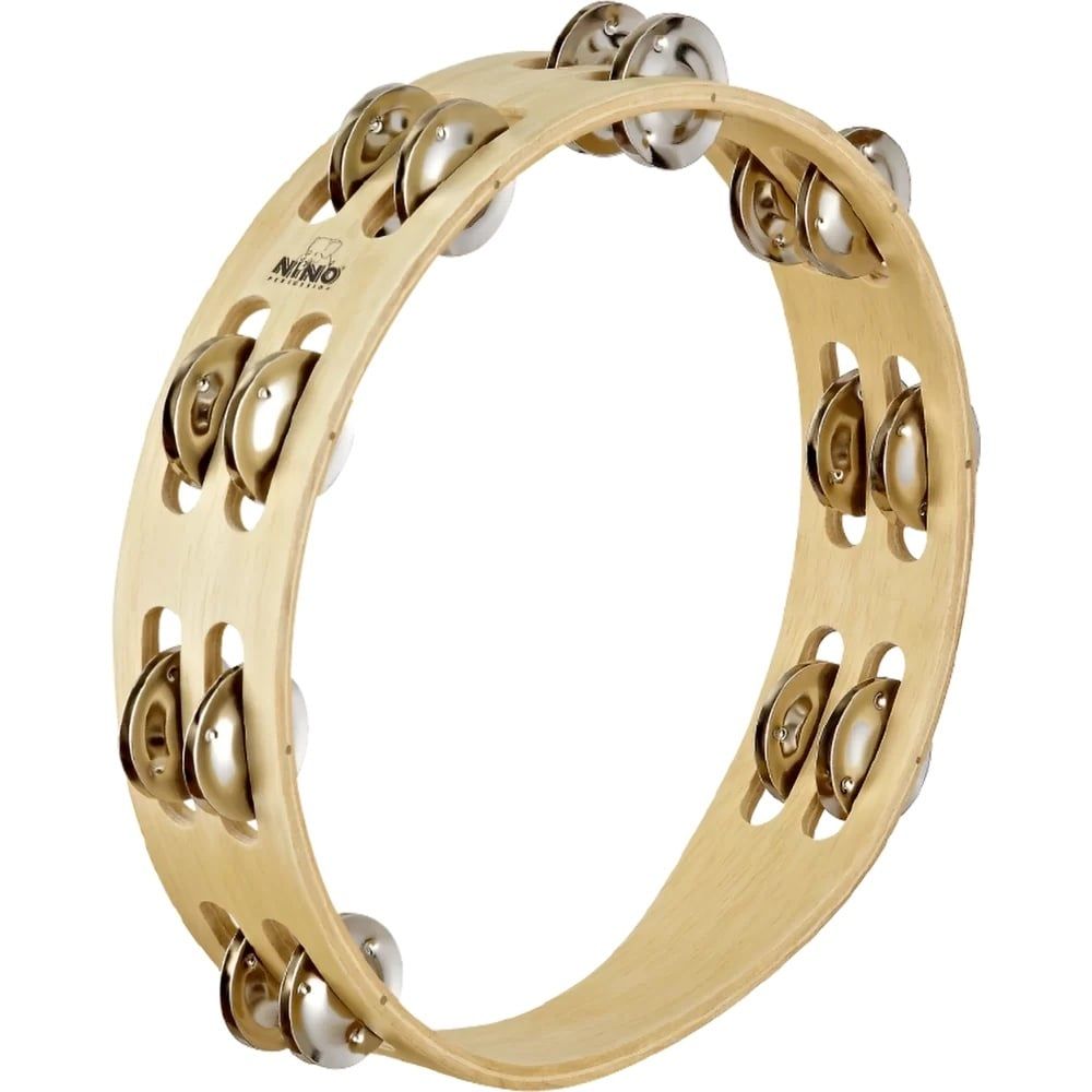 NINO® Wood Tambourine 10&quot;, 2 rows, nickel silver plated steel jingles