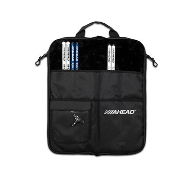 AHEAD DELUXE Stick Case (Black with Black Trim, Plush interior), Designed to Hold 8 pairs of Drumsticks, Clear Pocket for Parts, External Zipper Pouch, Shoulder Strap, Bungee Cord w/Quick Release Clip