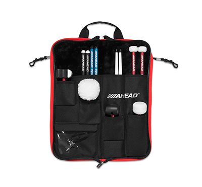 AHEAD PLUSH Stick Case w/4 Extra Pockets (Black with Red Trim, Plush interior), Designed to Hold 8 pairs of Drumsticks and 4 Switch Kick Beater Heads, Clear Pocket for Parts, External Zipper Pouch, Sh