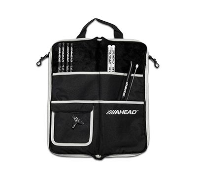 AHEAD DELUXE Stick Case (Black with Gray Trim, Plush interior), Designed to Hold 8 pairs of Drumsticks, Clear Pocket for Parts, External Zipper Pouch, Shoulder Strap, Bungee Cord w/Quick Release Clips
