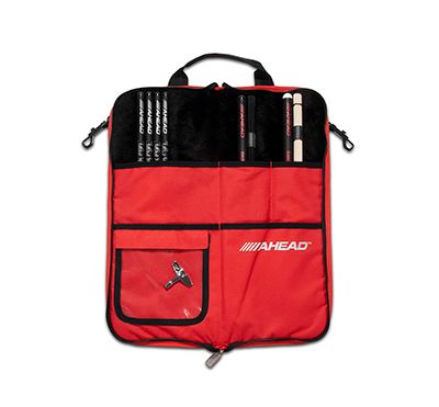 AHEAD DELUXE Stick Case (Black with Red Trim, Red Interior, Plush interior), Designed to Hold 8 pairs of Drumsticks, Clear Pocket for Parts, External Zipper Pouch, Shoulder Strap, Bungee Cord w/Quick