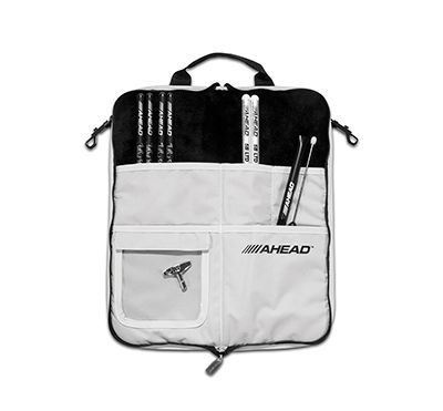 AHEAD DELUXE Stick Case (Black with Gray Trim, Gray Interior, Plush interior), Designed to Hold 8 pairs of Drumsticks, Clear Pocket for Parts, External Zipper Pouch, Shoulder Strap, Bungee Cord w/Quic