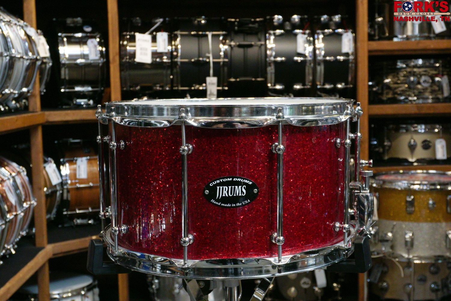 JJrums 8x14 8 ply Maple Snare Drum - &quot;Red Sparkle&quot;