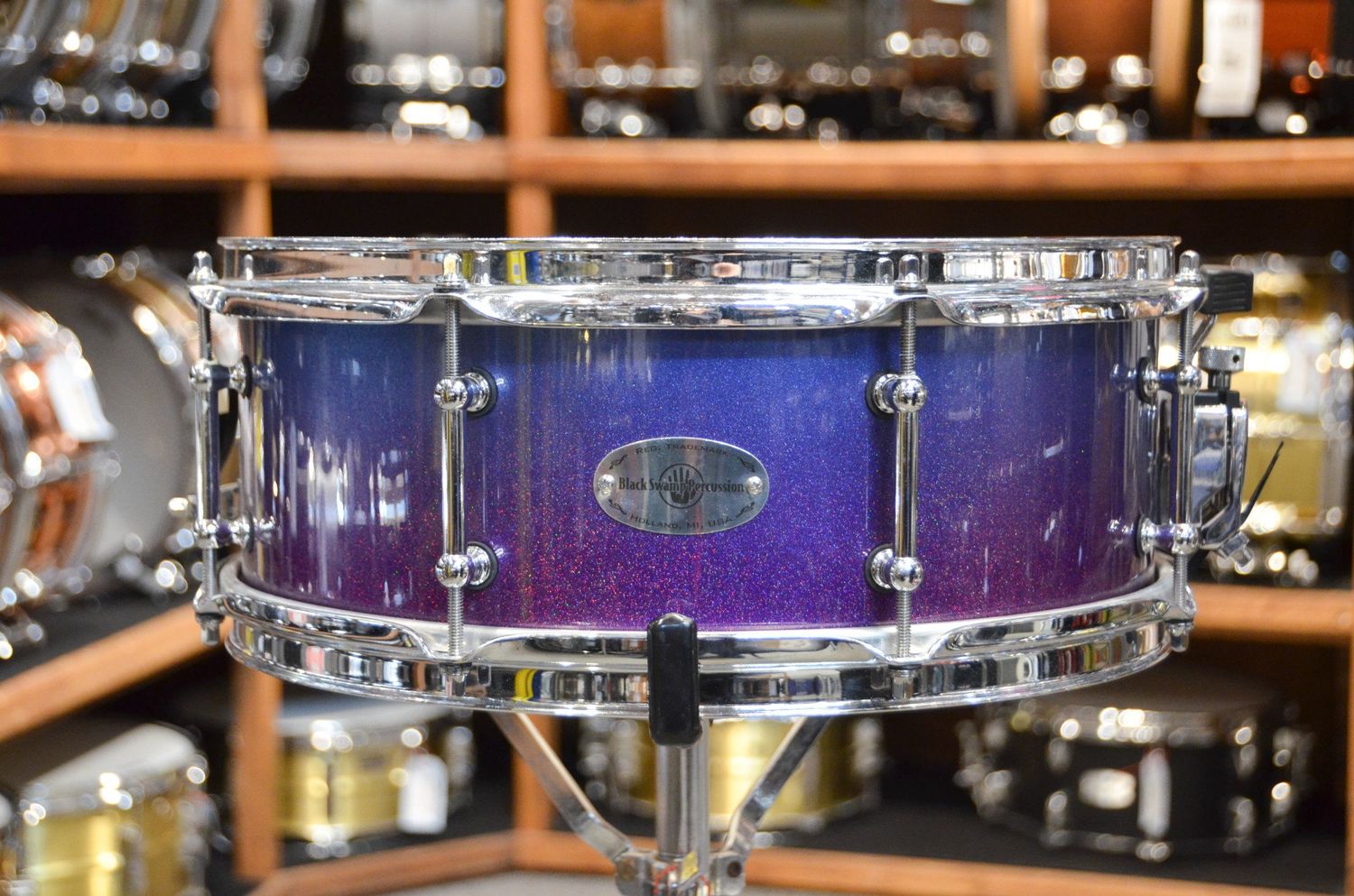 USED Black Swamp 5x14 Solid Maple Snare Drum w/ Rerings - &quot;Purple/Blue Sparkle Lacquer&quot;