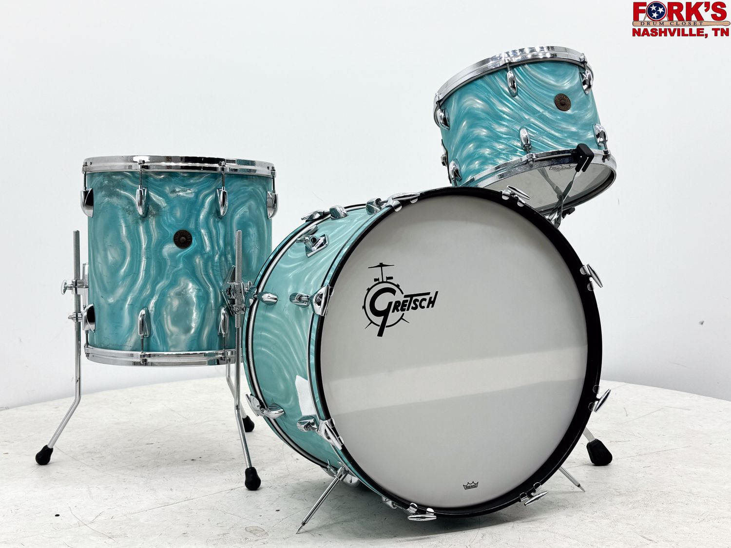Used 1960&#39;s Gretsch 3pc Round badge Drum Kit - &quot;Aqua Satin Flame&quot;
