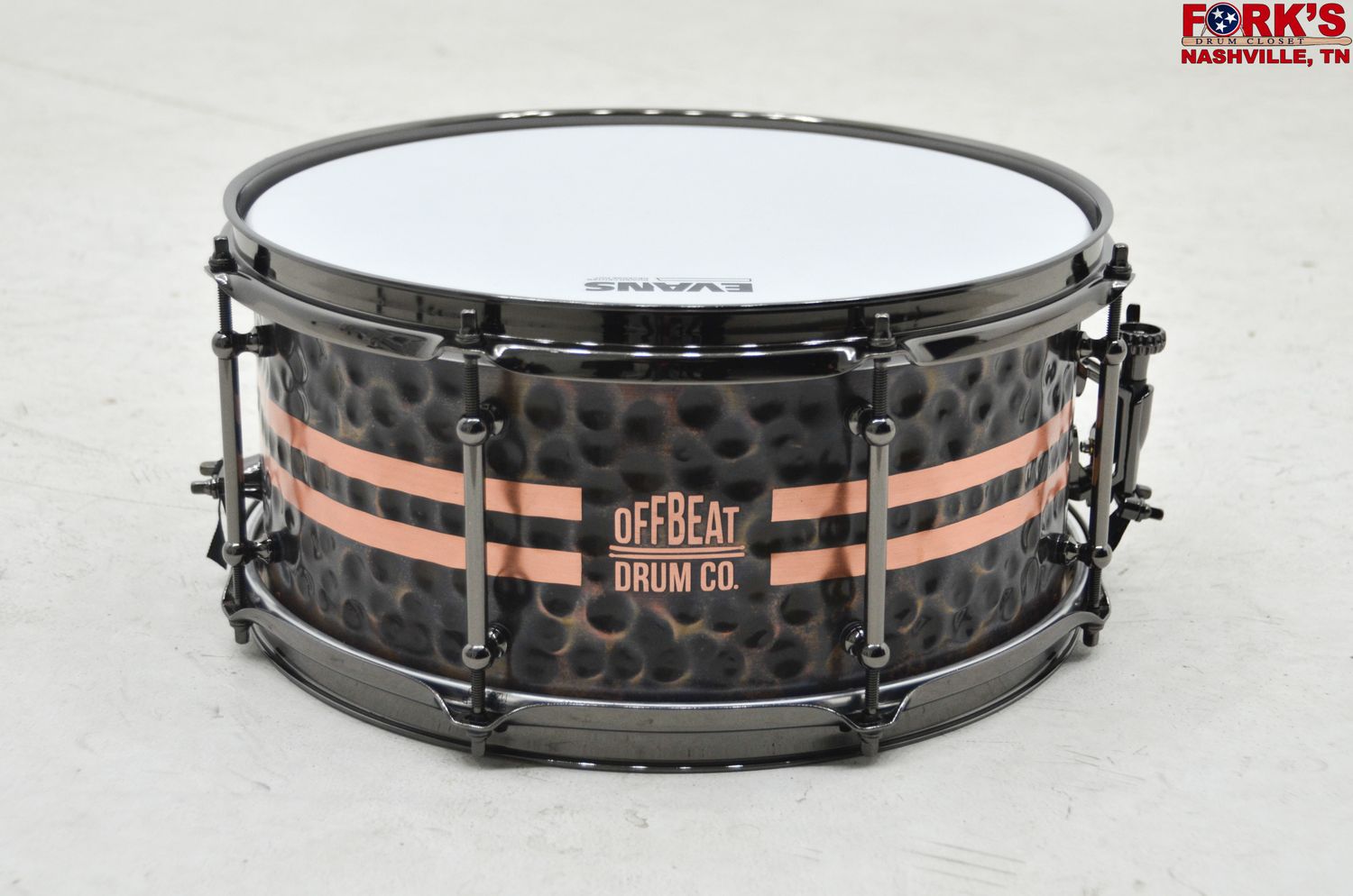 OFFBEAT Drum Co. 6.5x14&quot; Hammered Copper Snare w/Maple Rings &amp; Black Nickel Hardware