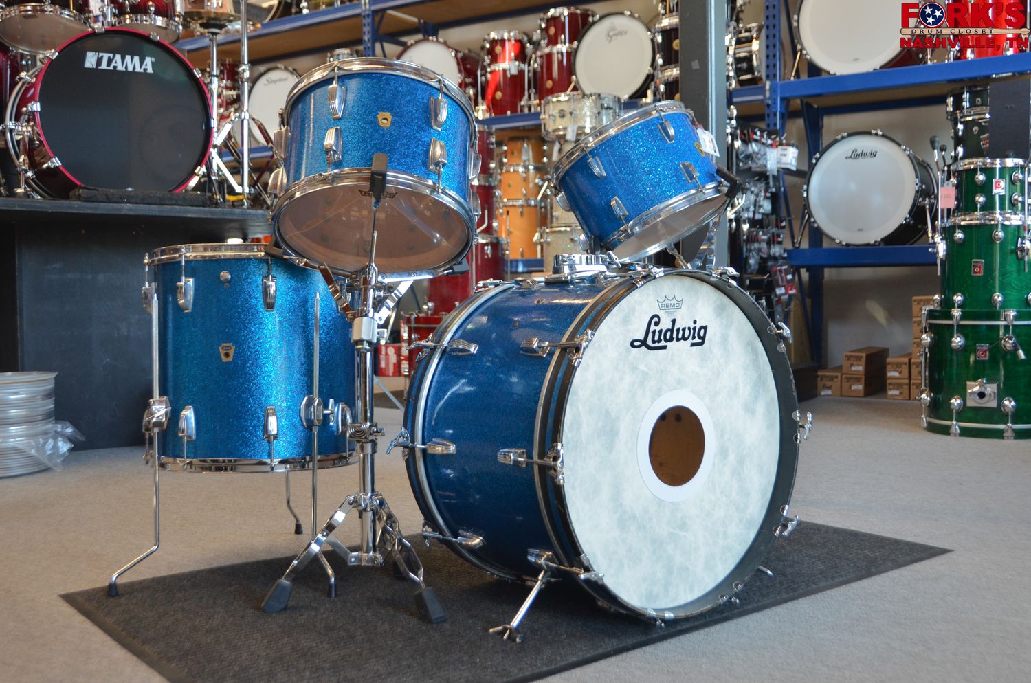 USED Ludwig 4pc Drum Kit - Transition Badge, &quot;Blue Sparkle&quot;