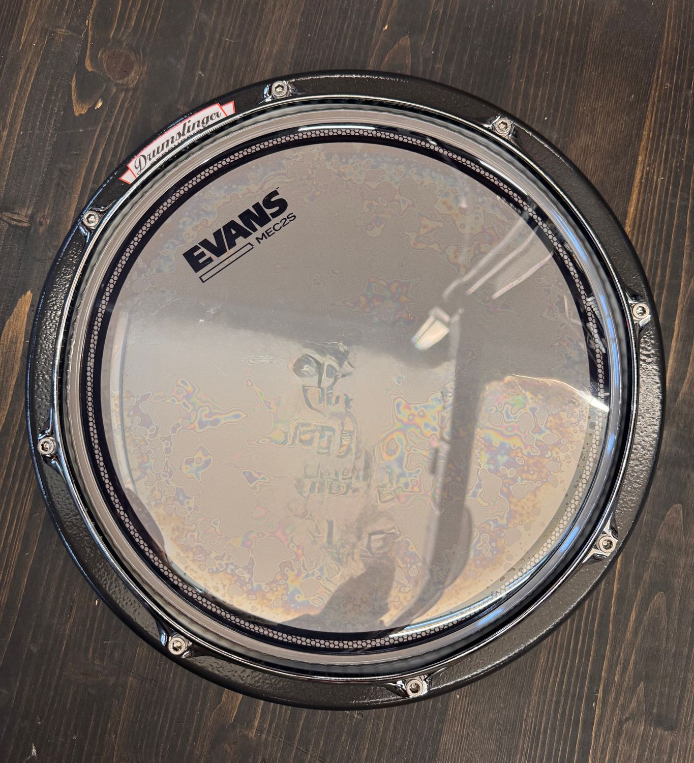 Drumslinger 12&quot; Marcher Series, Chrome Stick Saver Rim, Evans MEC2S over Gray, Hammered Black Paint Finish