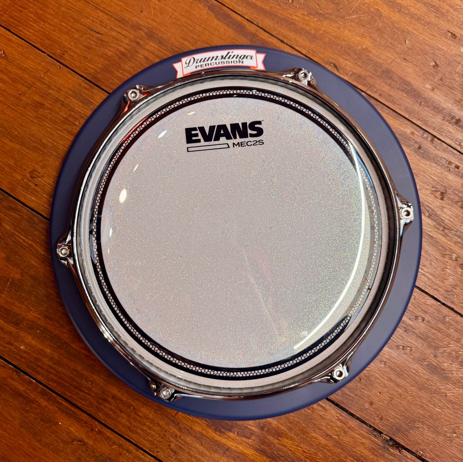 Drumslinger 10&quot; Marcher Series, Chrome Stick Saver Rim, Evans MEC2S over Bling White, Matte Navy Paint Finish
