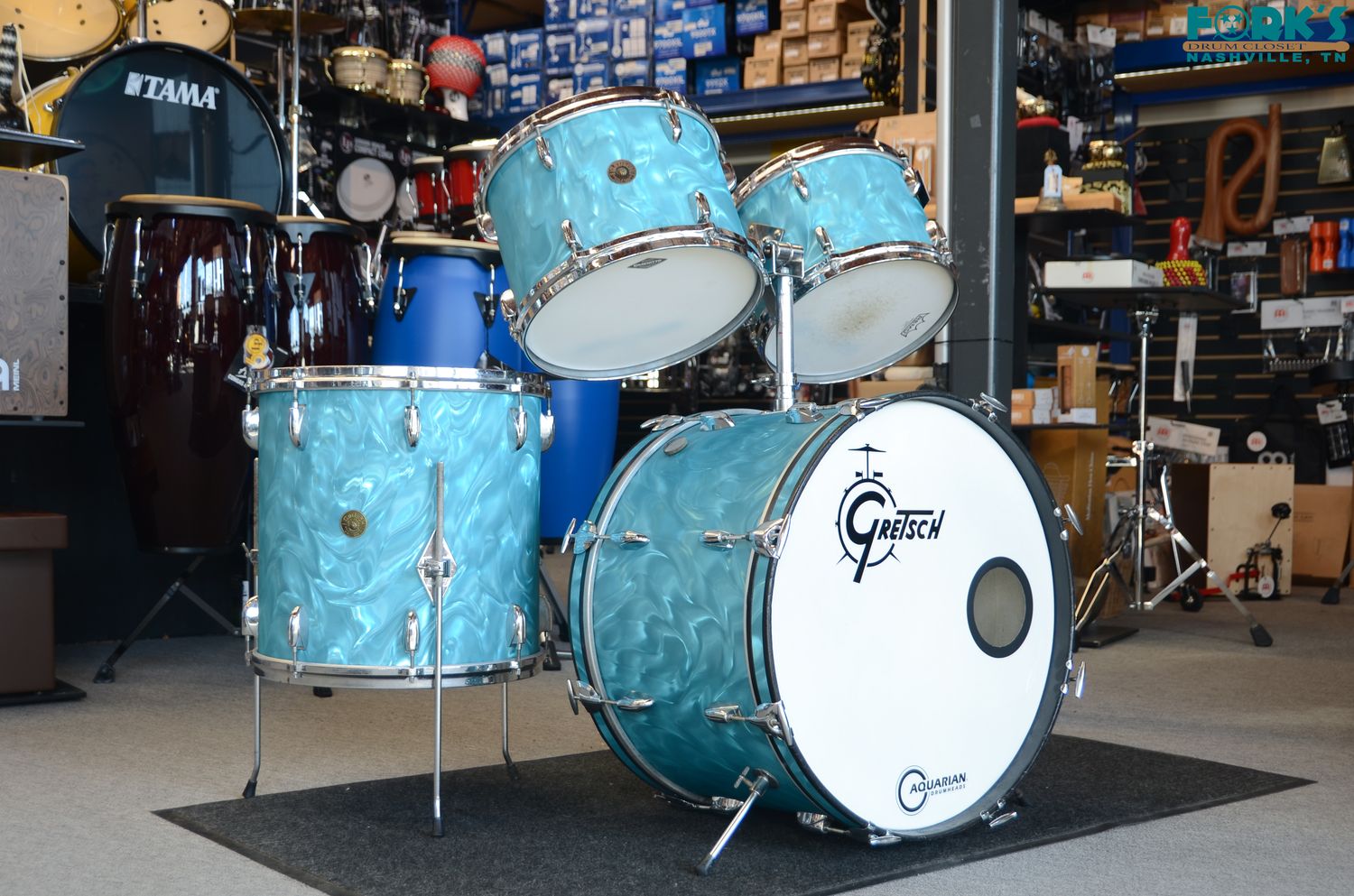 Used Gretsch 1960's 4pc Drum Kit - "Aqua Satin Flame" (rewrap)