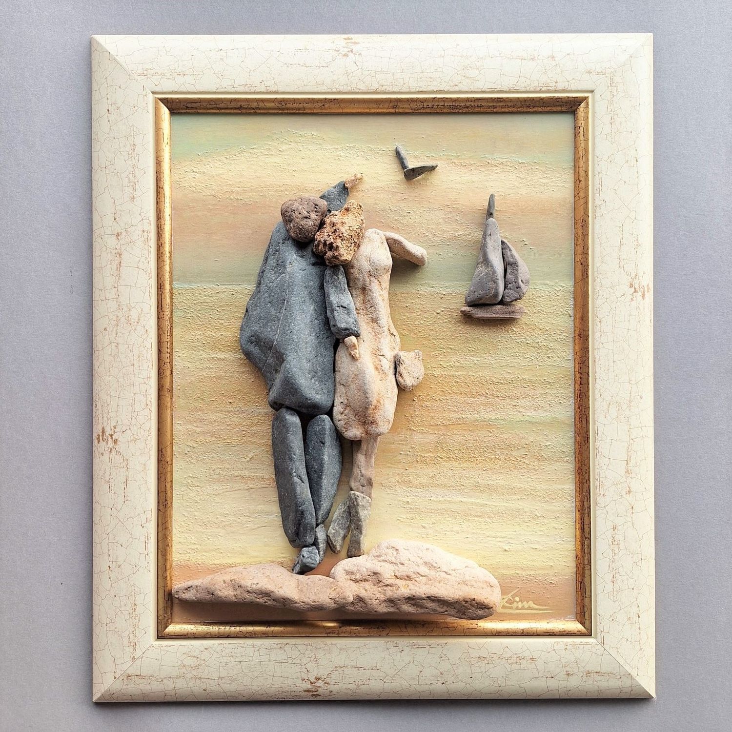 Handmade 3D Painting, Pebble art of sea stones on an acrylic background, framed. Title &quot;Sandy Yellow&quot;. Artist Rada Lisichka.
