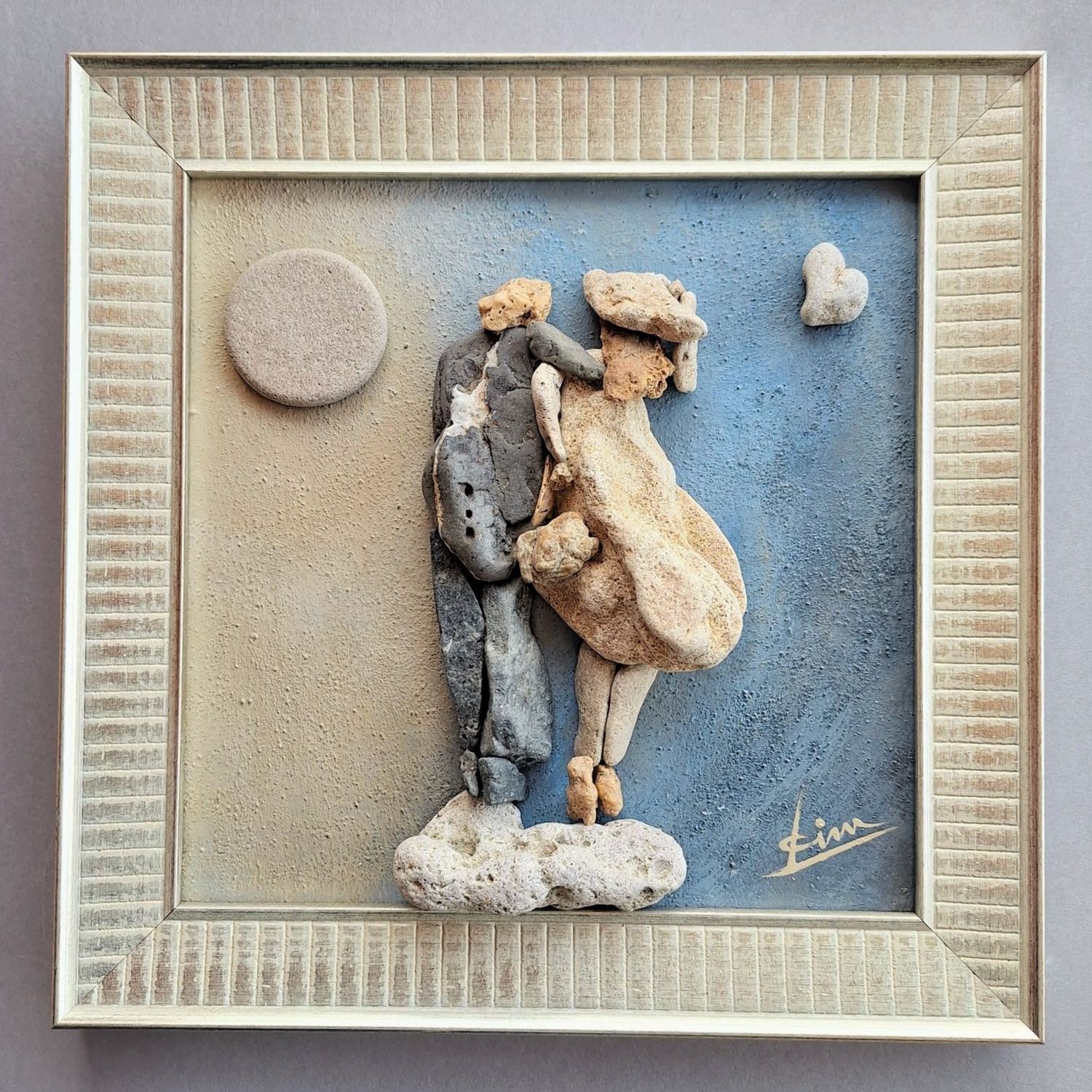 Handmade 3D Painting, Pebble art a Love Couple of sea stones on an acrylic background, Framed. Title &quot;We make it up&quot;. Artist Rada Lisichka.&quot;