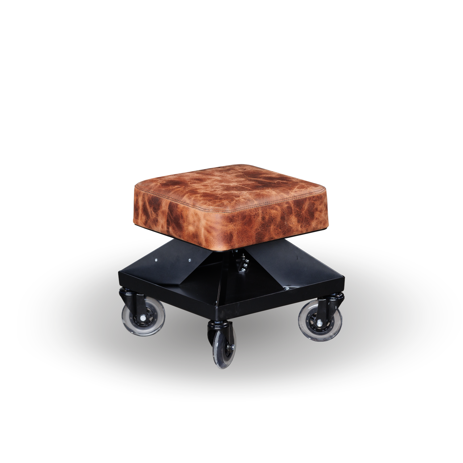 High-quality shop chair by Fast Freddy Equipment, featuring genuine black leather, a sturdy square base, and smooth-rolling caster wheels