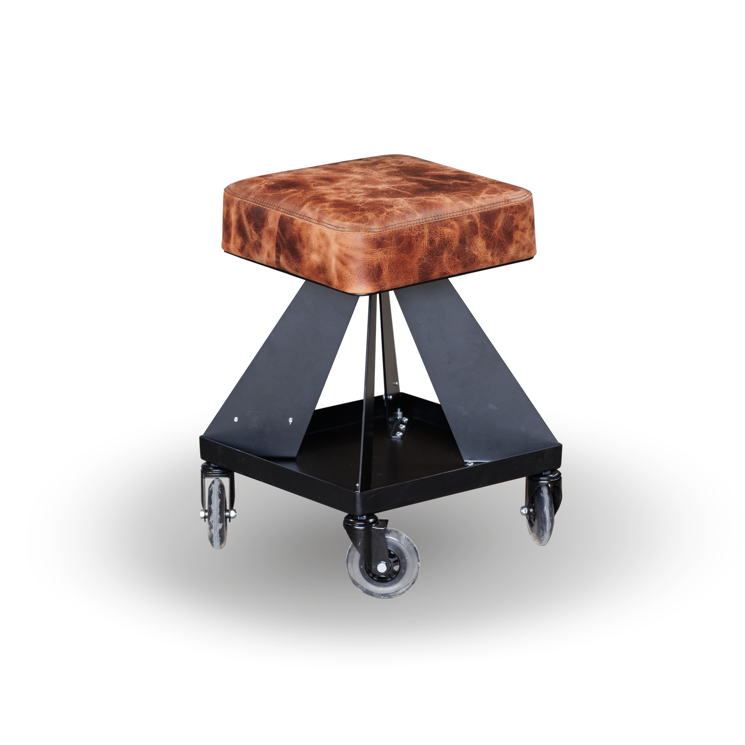 Angled view of the Fast Freddy HiBoy shop chair in Canada, featuring 100% water buffalo leather or genuine black leather, with a solid square base and adjustable backrest