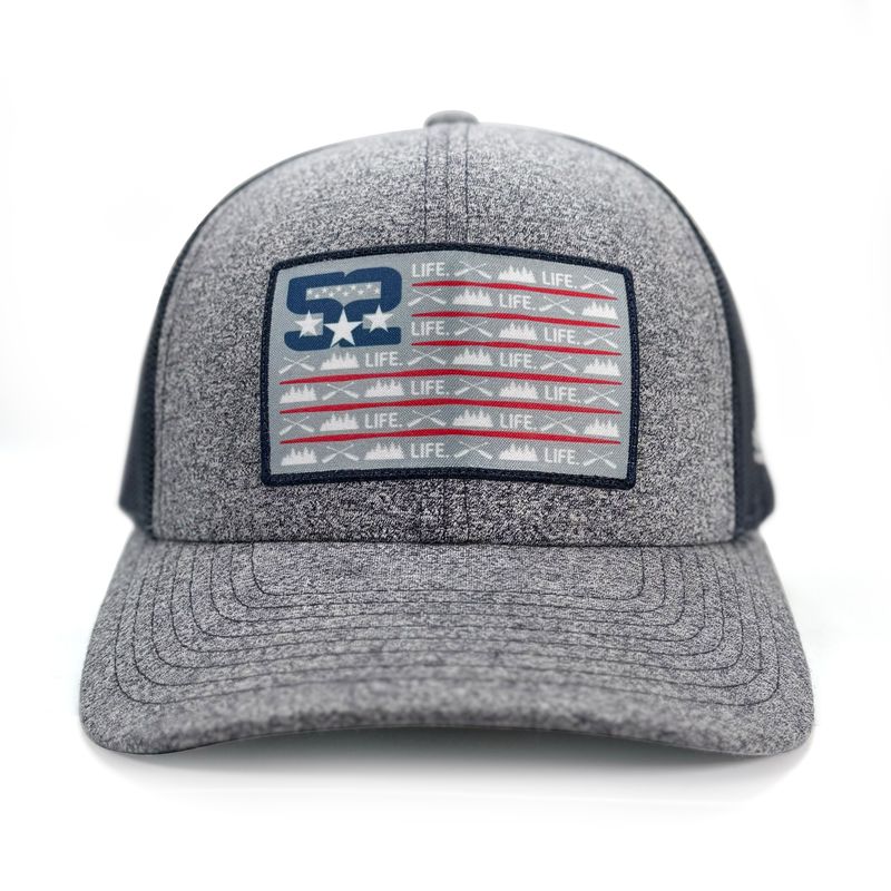 American Flag Patch Trucker Hat Navy Blue Heather Gray
