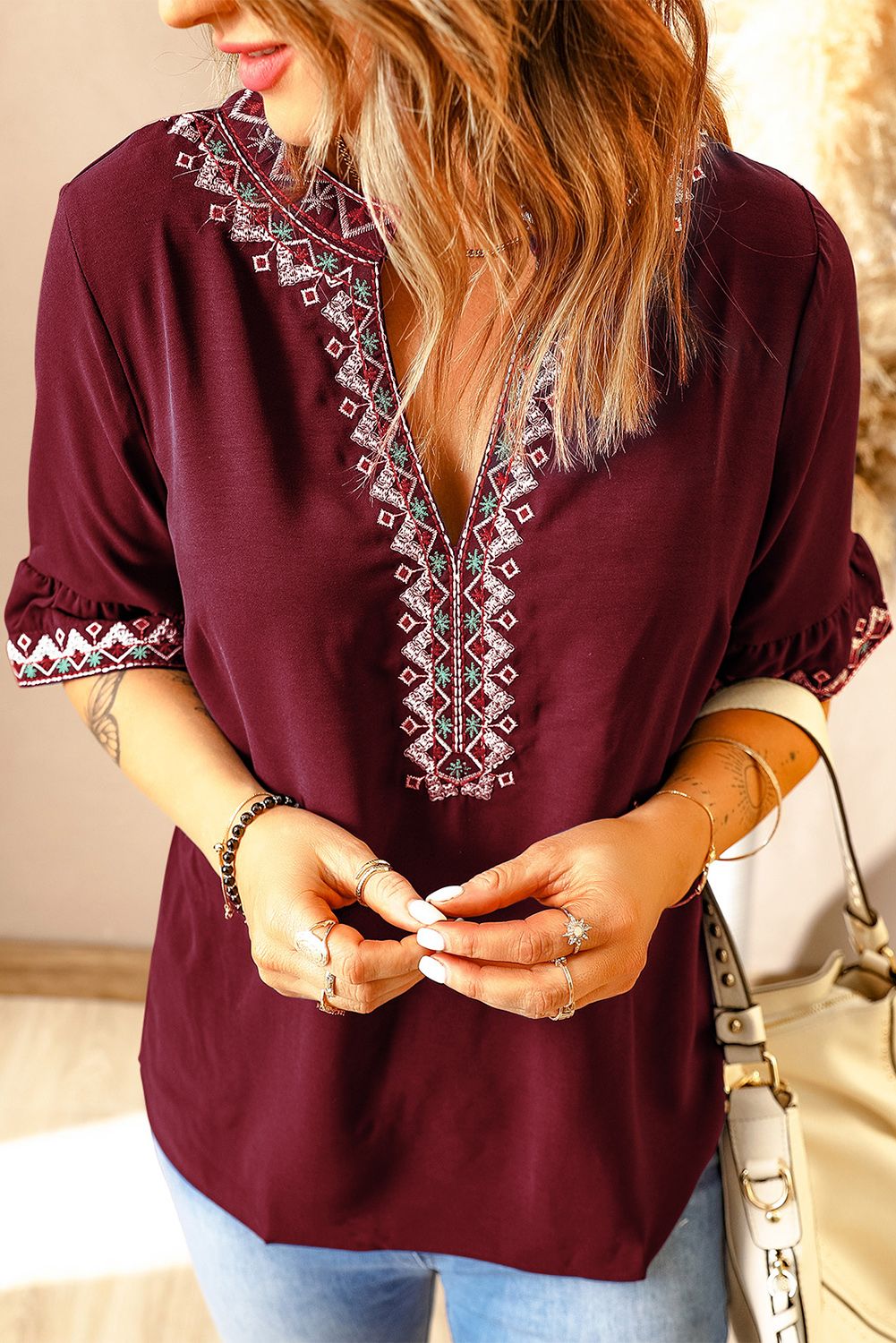 Red Boho Floral V Neck Casual Top