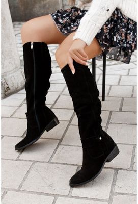 Winter New Low-heeled Side Zipper 40-43 Suede High-top Boots For Women, Size: 34, Color: Black (large quantity in stock soft sole high quality)