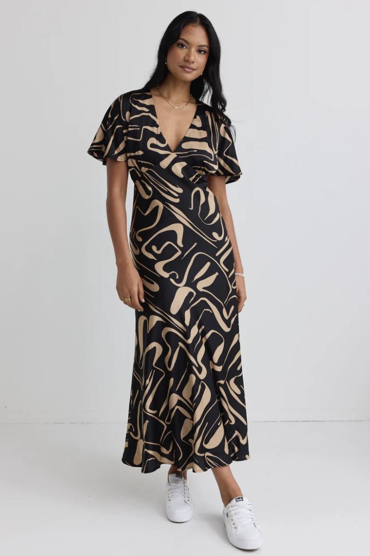 Anticipate Black Caramel Abstract Satin Kimono Short Sleeve Bias Maxi Dress, Size: 8