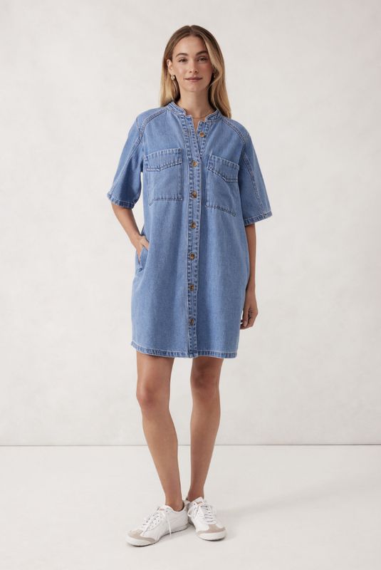 Collarless Relaxed Short Sleeve Denim Dress