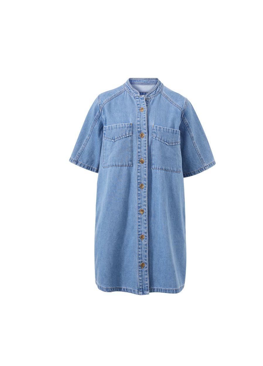 Collarless Relaxed Short Sleeve Denim Dress, Size: X Small