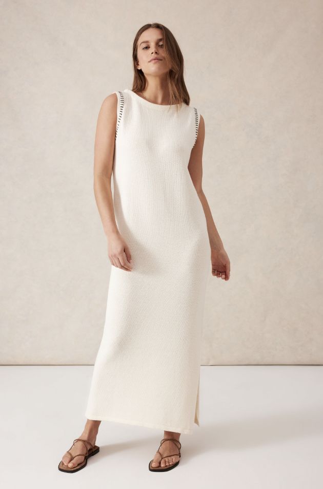 Sleeveless Boat Neck Knit Midi Dress, Colour: Eggshell, Size: X Small