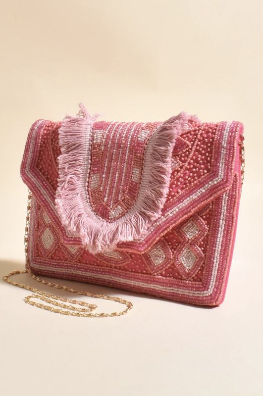 Beaded Fringe Foldover Clutch