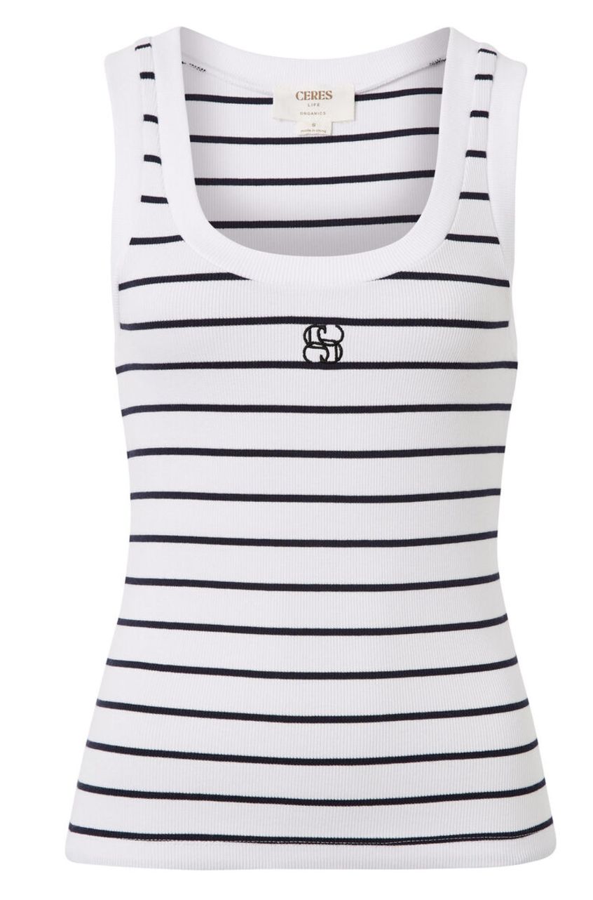 Contour Rib Scoop Tank, Size: Large, Colour: White/New Navy Monogram Embroidery