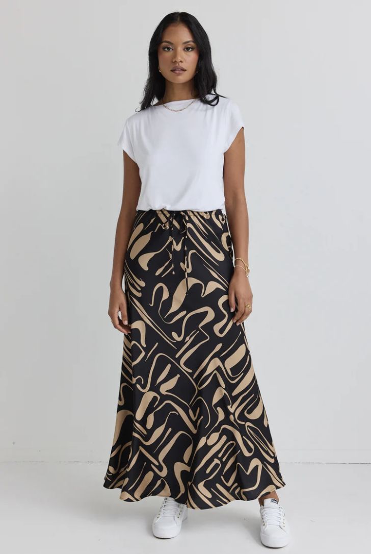 Sharp Black Caramel Abstract Tie Waist Bias Satin Maxi Skirt, Size: 8