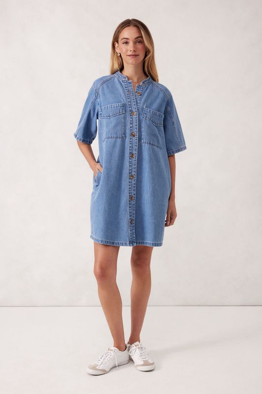 Collarless Relaxed Short Sleeve Denim Dress