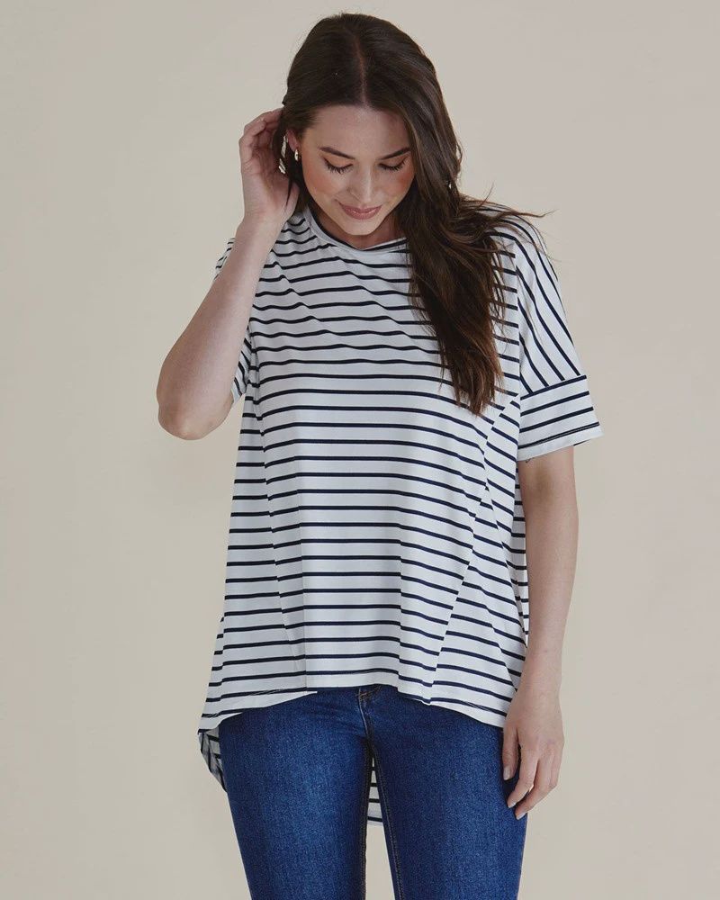 Relax Bamboo Tee, Colour: White Navy Stripe, Size: 8