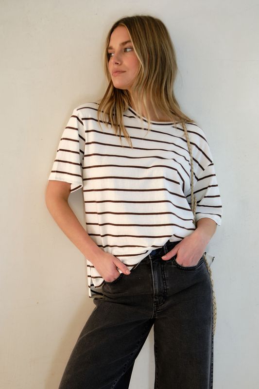 Stevie Slouchy Tee - Vanilla/Choc Fine Stripe