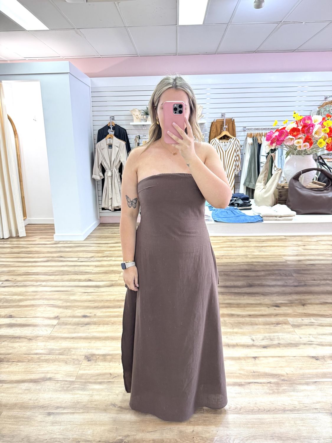 Brown Strapless Maxi Side Panel Dress, Size: X Small