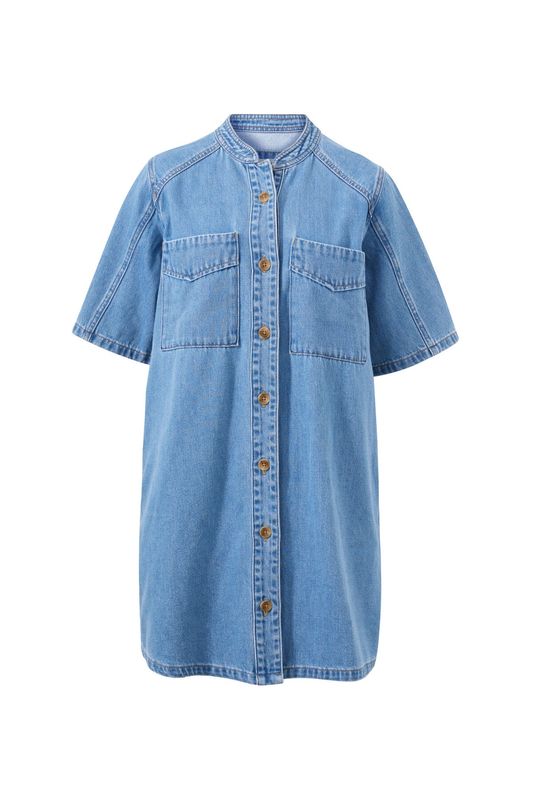 Collarless Relaxed Short Sleeve Denim Dress