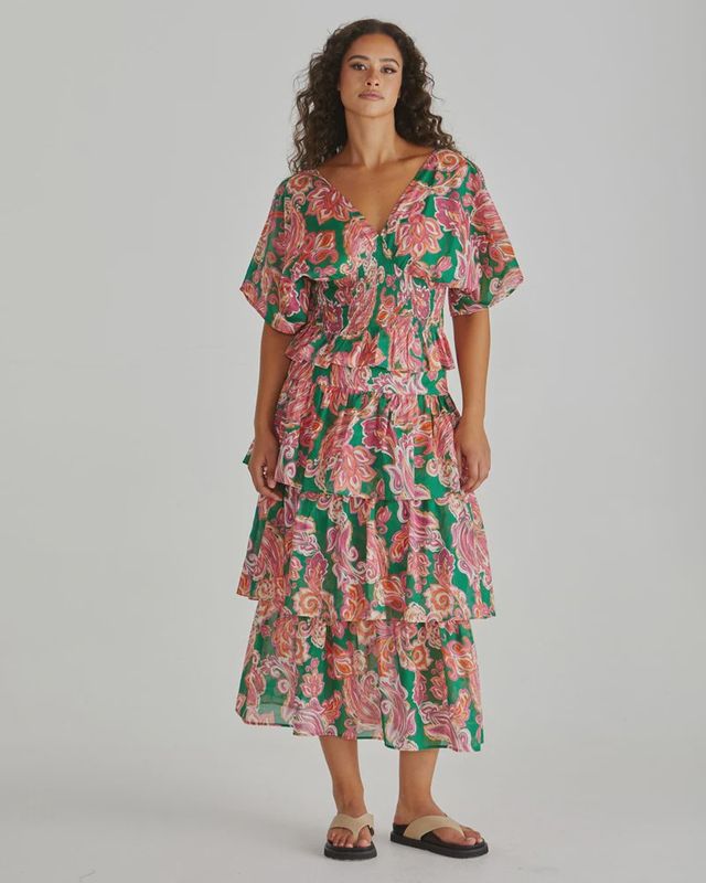 Malia Frill Layer Skirt - Pink Green Paisley