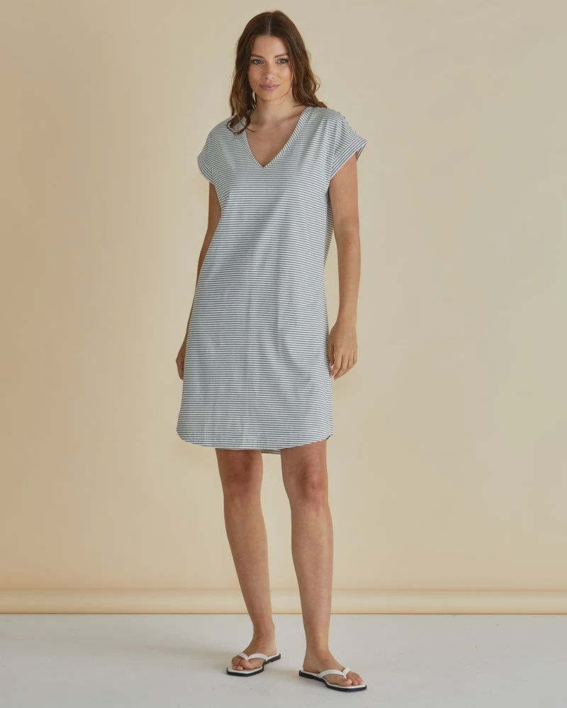 Daphne V-Neck Dress - Black/White Stripe, Size: 8