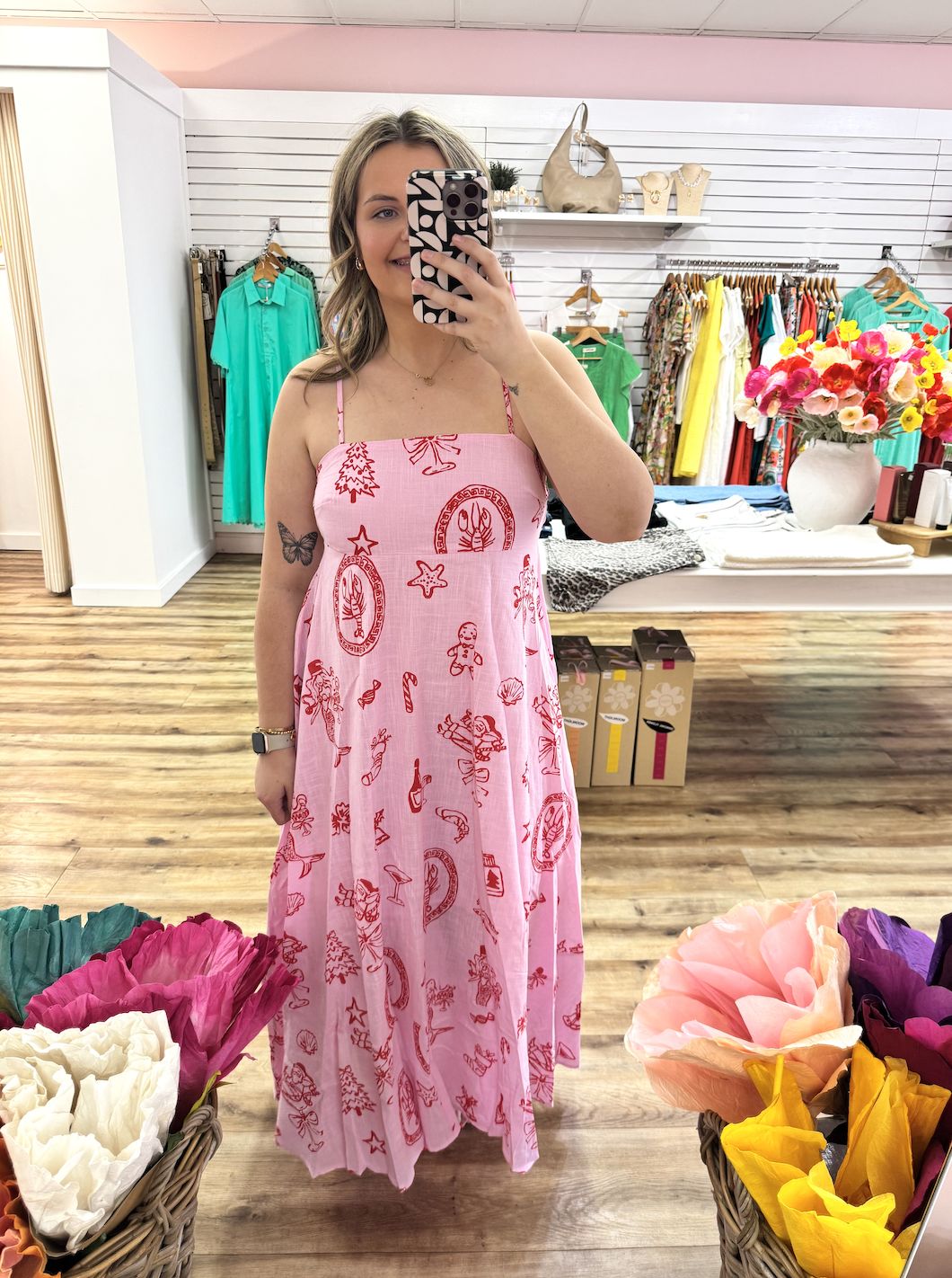 Pink Santa Print Maxi Dress, Size: X Small