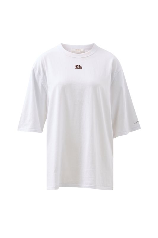 Liv Oversized Tee - White /Choc CL Embroidery
