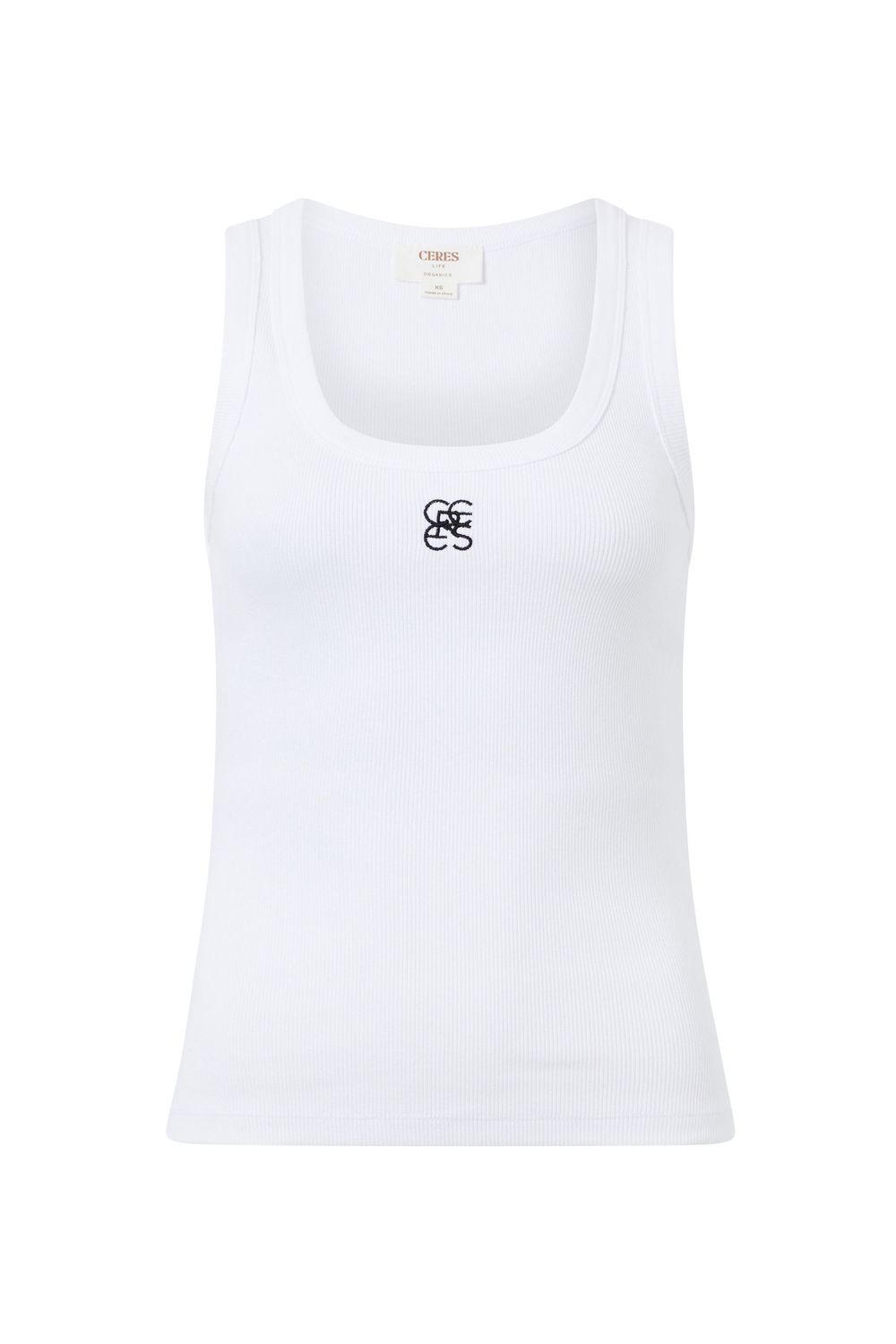 Zoe Contour Rib Scoop Tank - White/Black Monogram Embroidery