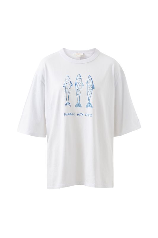 Liv Oversized Tee - White/Summer Fish