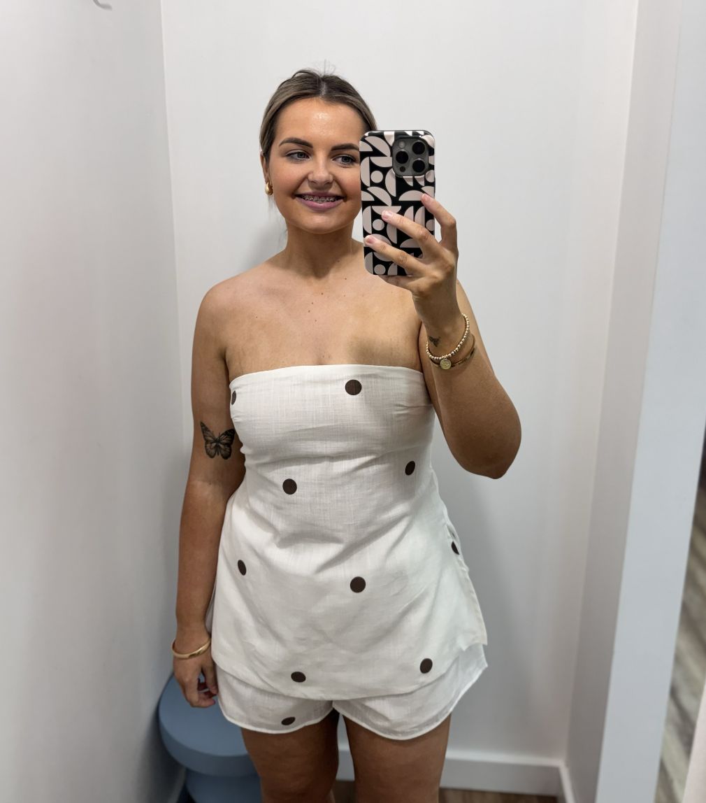 White Polka Dot Strapless Short Set