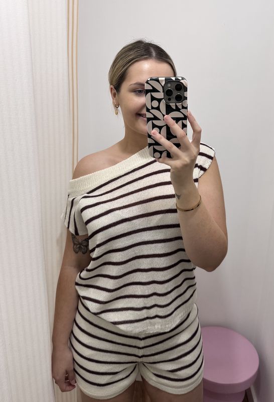 White/Plum Stripe Off Shoulder Knit Set