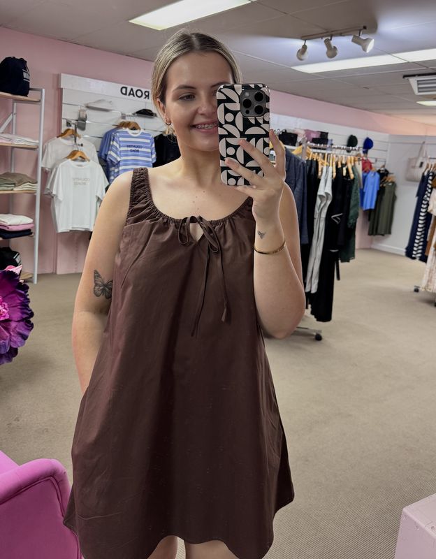Chocolate Elastic Tie Mini Dress