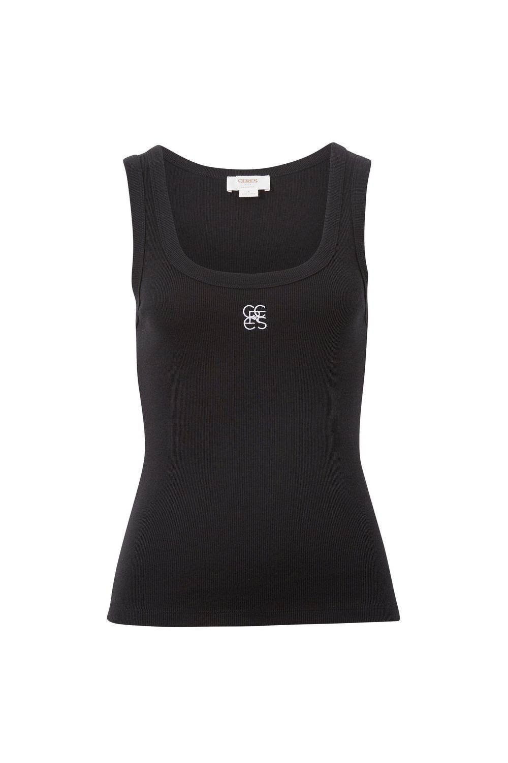 Zoe Contour Rib Scoop Tank - Black/White Monogram Embroidery, Size: Large