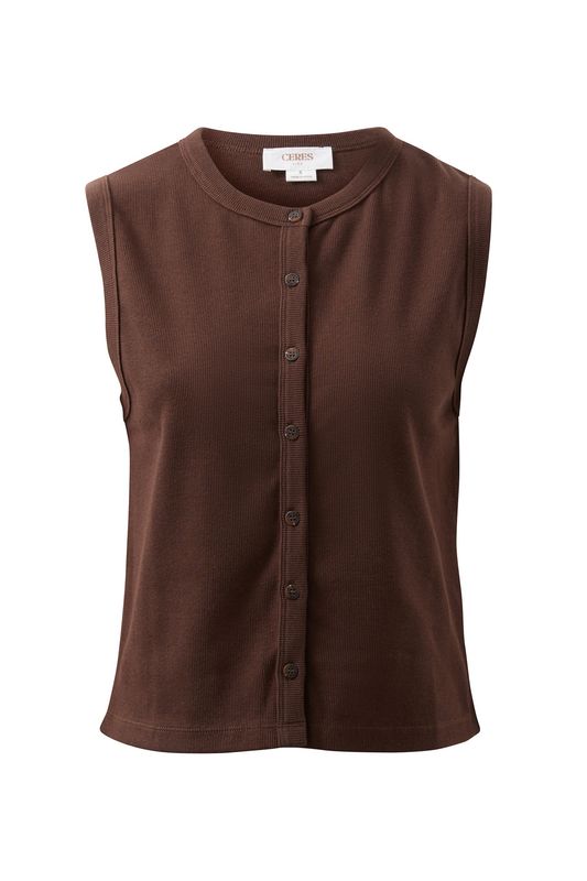 Lyla Button Through Rib Tank - Chocolate