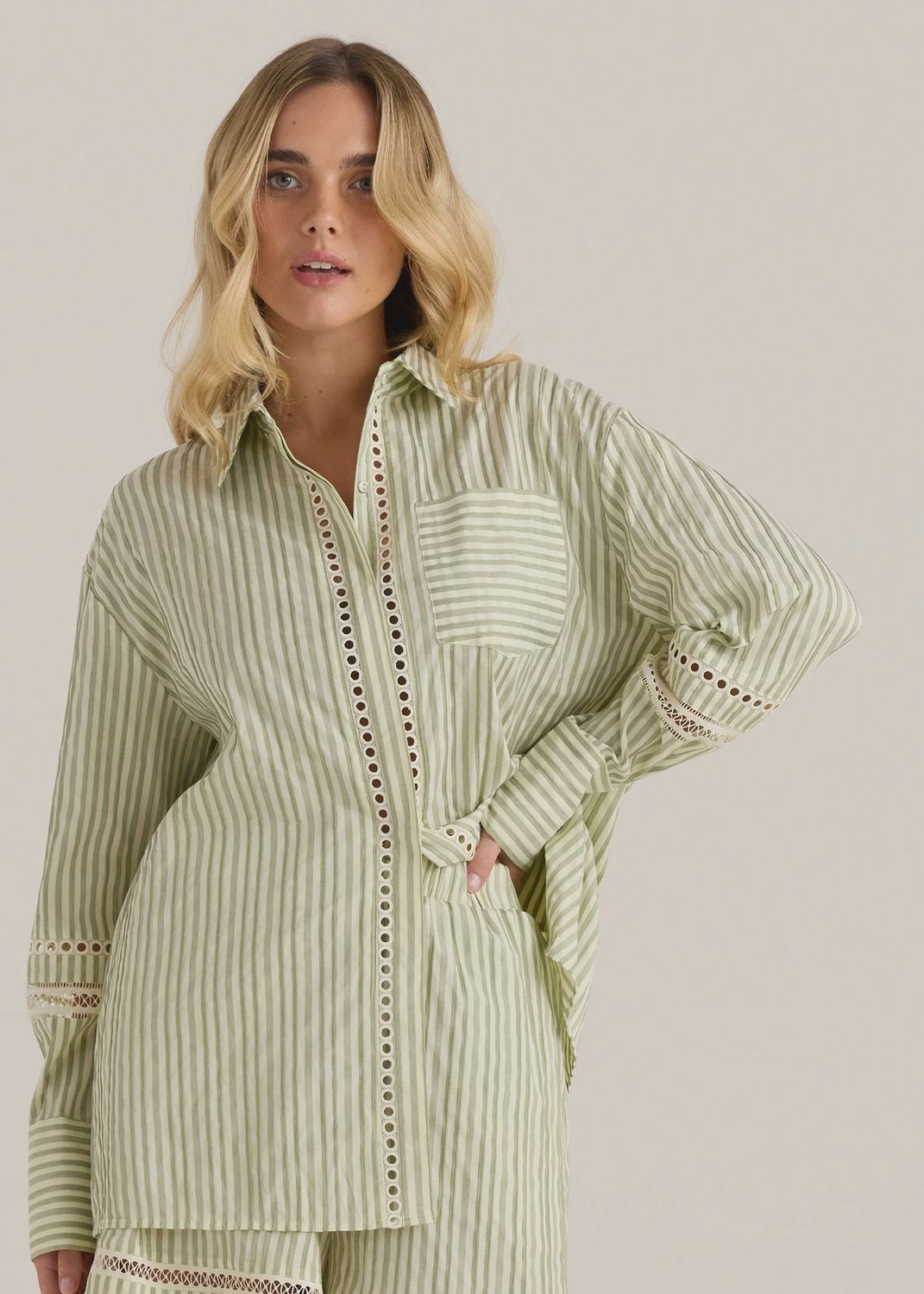 Nerida Trim Shirt - Olive Cream Stripe, Size: 8