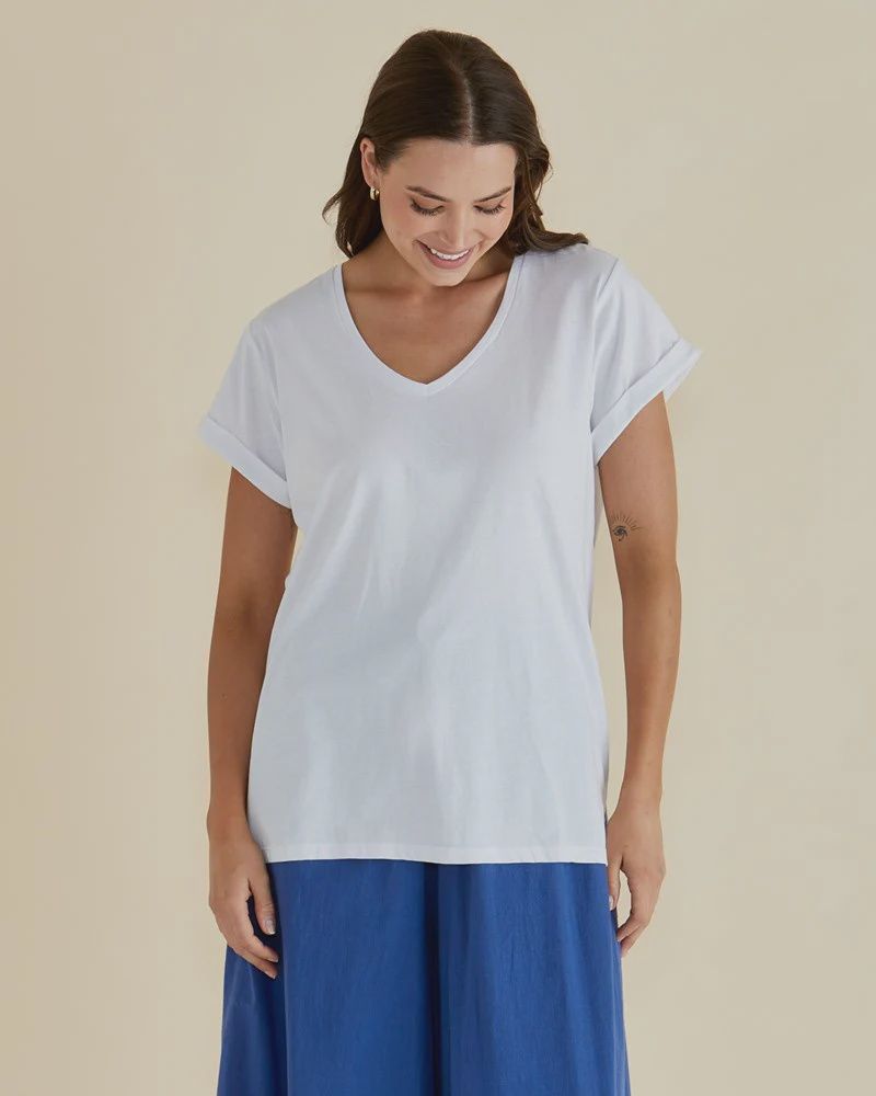 Ayla V-Neck Tee - White, Size: 10