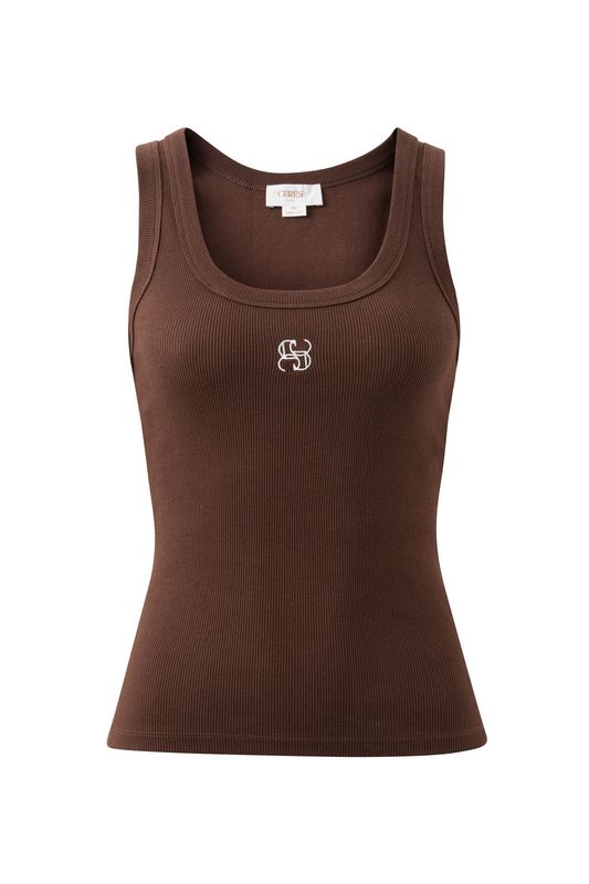 Zoe Contour Rib Scoop Tank - Chocolate/Monogram Embroidery